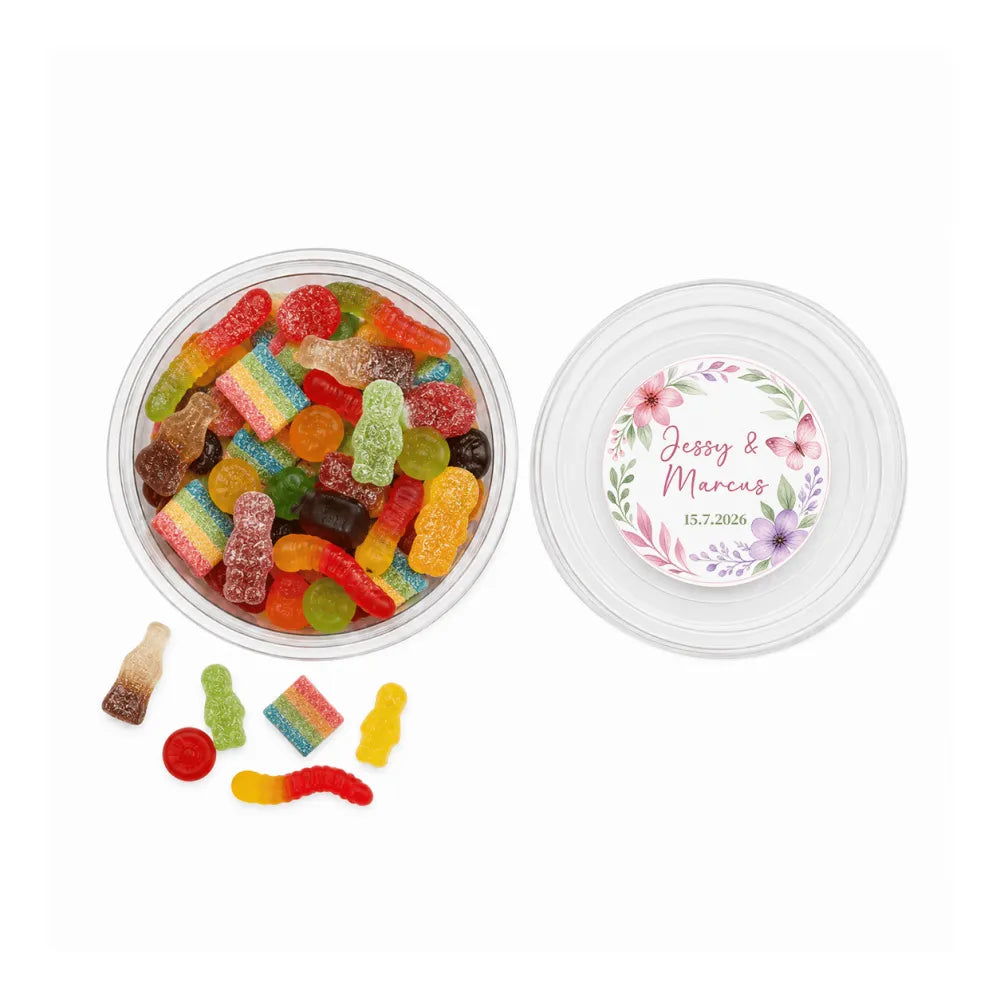 Clear plastic sweet tub with colorful gummies and floral wreath foiled sticker featuring jessy marcus 15 7 2026