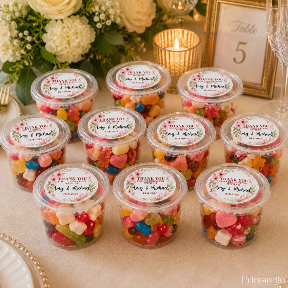 Clear plastic sweet tubs with colorful gummies sealed with floral wreath foiled stickers for amy and michael wedding