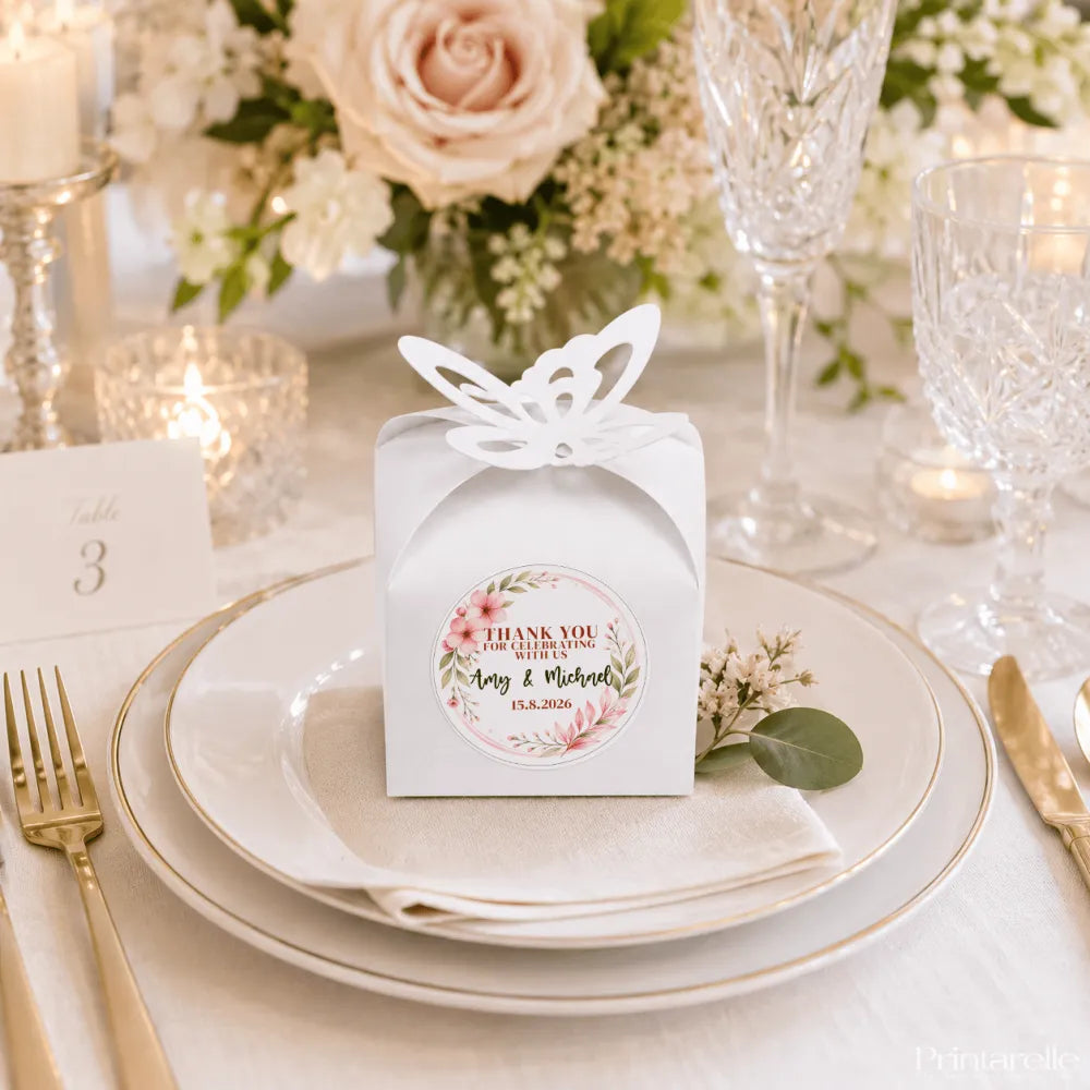 White paper wedding favour box with butterfly cutout and floral wreath thank you sticker for wedding favours