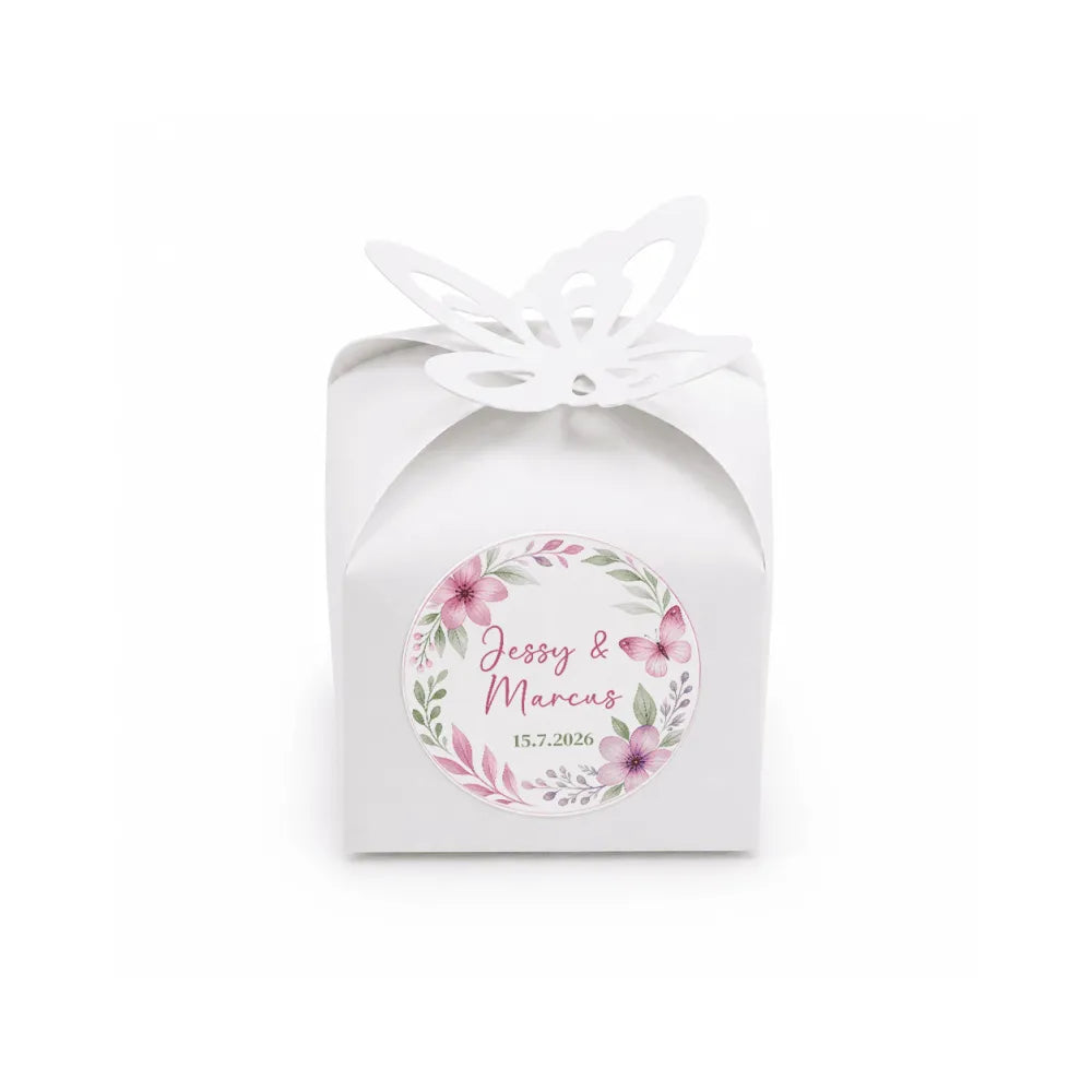 White paper favour box with butterfly cutout and floral wreath foil sticker for wedding favours jessy and marcus 15.7.2026