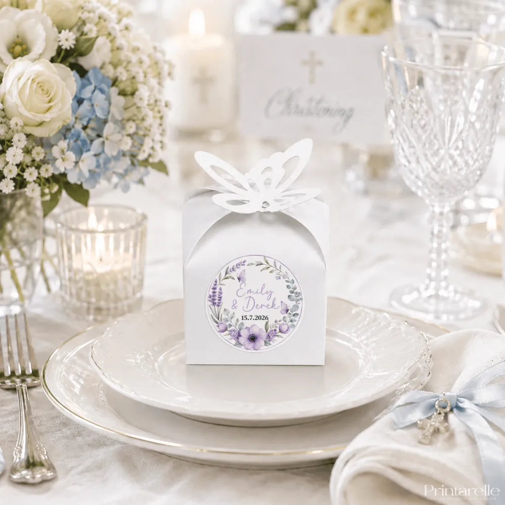 White paper favour box with butterfly cutout and lavender floral wreath sticker for emily and derek wedding favours