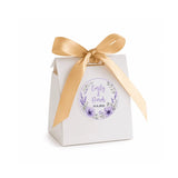 White paper floral wreath wedding favour box with gold satin ribbon and lavender floral wreath foiled sticker emily and derek
