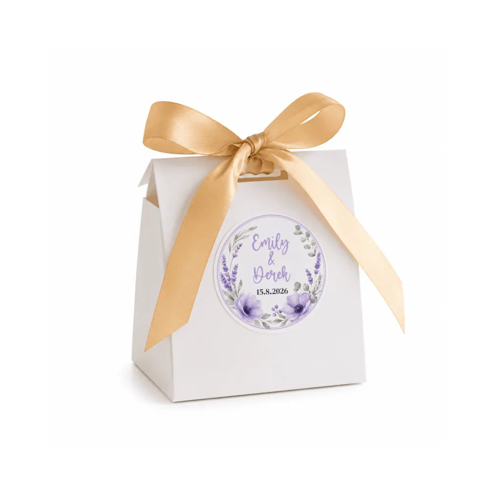 White paper floral wreath wedding favour box with gold satin ribbon and lavender floral wreath foiled sticker emily and derek