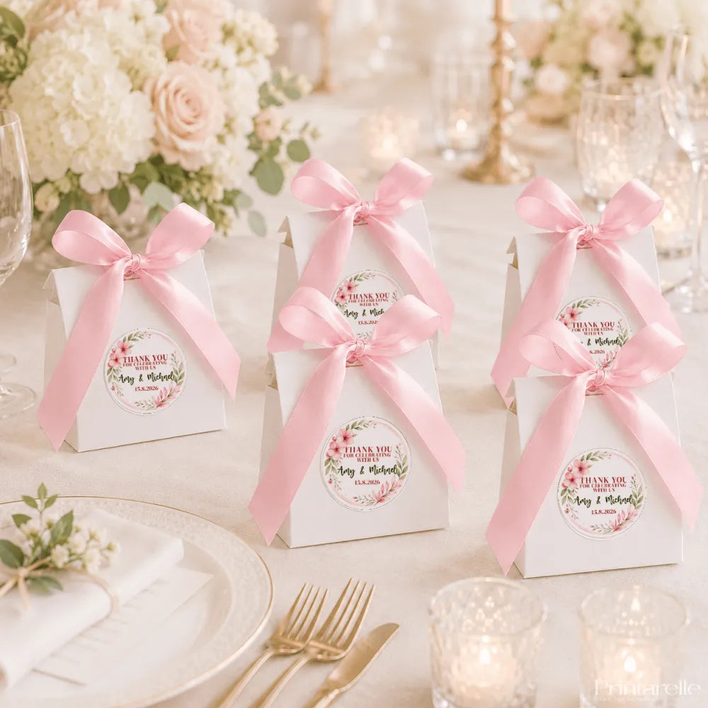 White paper floral wreath foiled favour boxes with pink satin bows and floral stickers for weddings