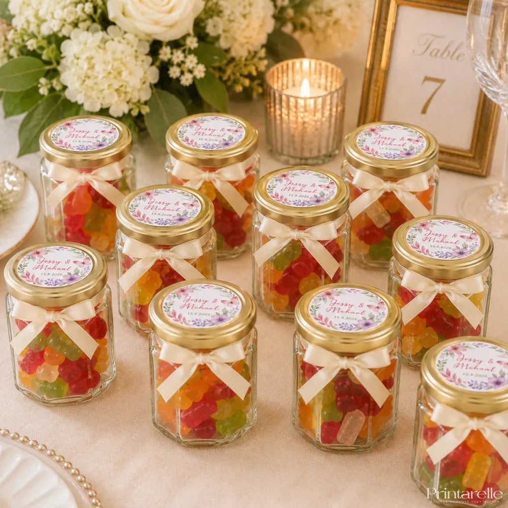 Clear glass hex jars with gold lids cream ribbons filled with colorful gummy bears wedding favours floral wreath design