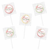 Pink and green floral wreath lollipop wedding favours wrapped in clear cellophane with foil sticker labels