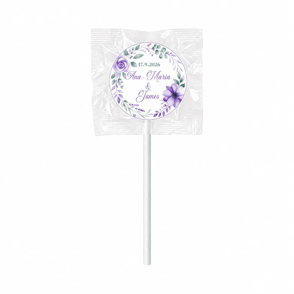 A purple floral wreath wedding foil sticker lollipop favour with ana-maria and james names wrapped fruit design