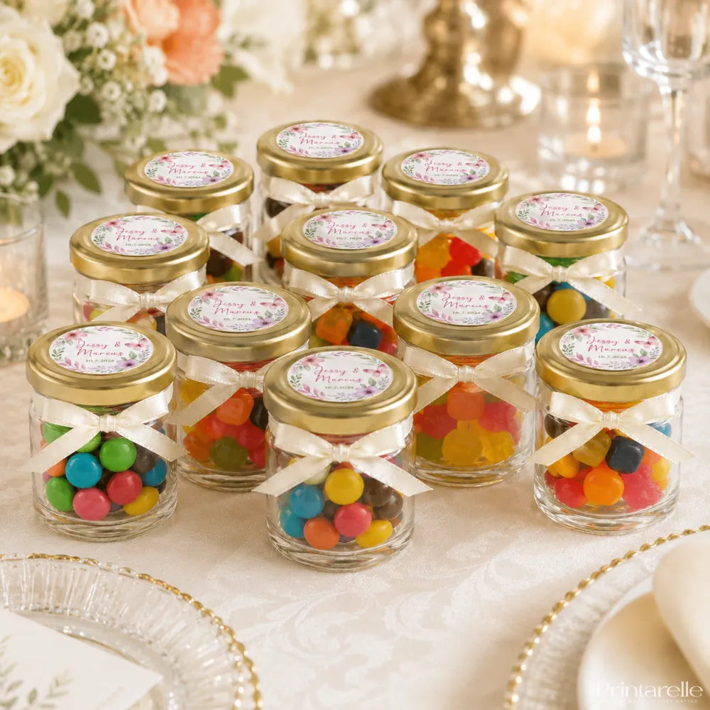 Clear glass jars with gold lids and cream ribbon bow filled with colorful gummy candies for floral wreath wedding favours
