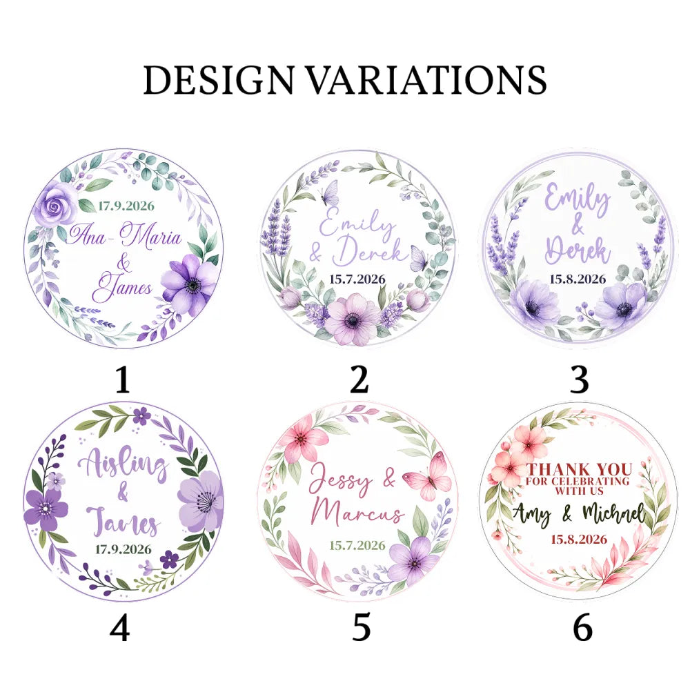 Circular floral wreath foil stickers in soft purple and pink for white cube favour boxes with personalized names and dates