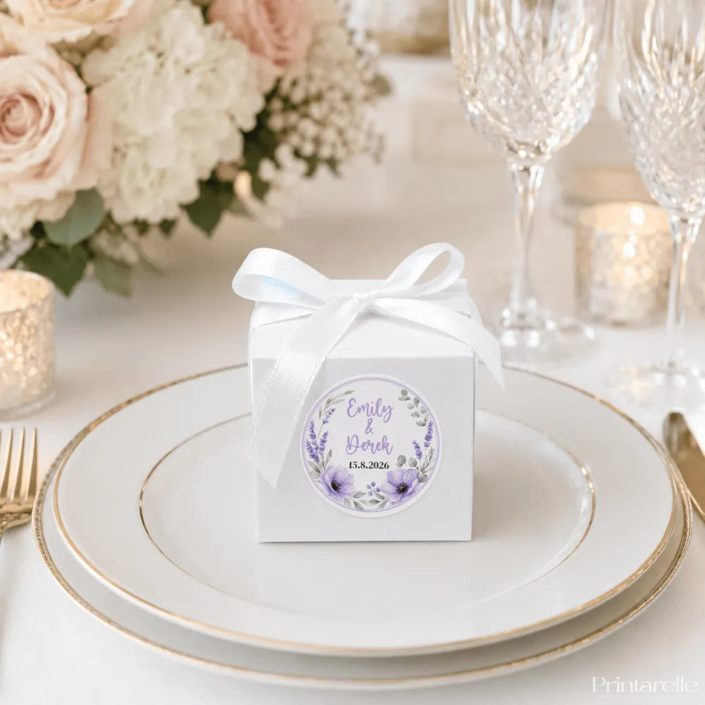 White cube favour box with floral wreath foil sticker and white satin ribbon bow for wedding gifts
