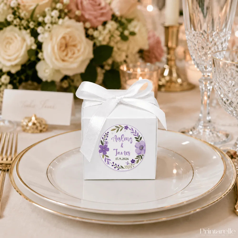 White cube favour box with purple floral wreath foil sticker and satin ribbon bow for wedding gifts