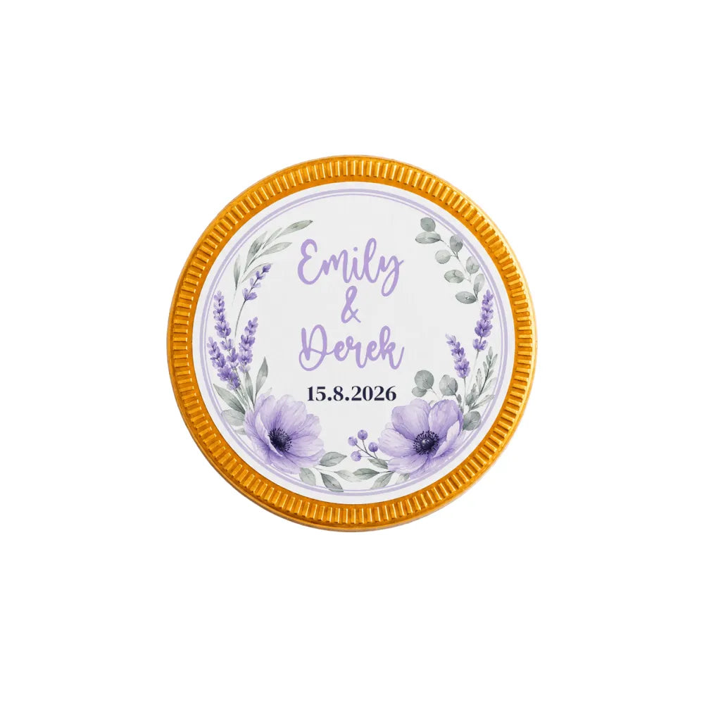 A 40mm milk chocolate coin with gold edge and lavender floral design as personalised wedding favours emily and derek 15.8.2026