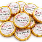 Gold-wrapped 40mm milk chocolate coins with pink floral wedding favours and personalized thank you messages