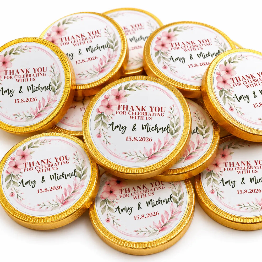Gold-wrapped 40mm milk chocolate coins with pink floral wedding favours and personalized thank you messages