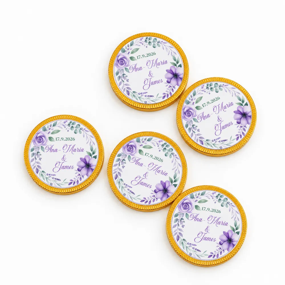 Purple floral-themed 40mm milk chocolate coins with gold foil edges personalized as wedding favours in floral wreath design