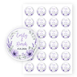 Purple and white floral wreath wedding stickers with real foil personalised with emily and derek 15.8.2026