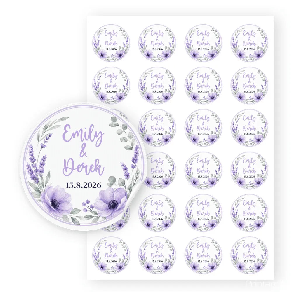 Purple and white floral wreath wedding stickers with real foil personalised with emily and derek 15.8.2026