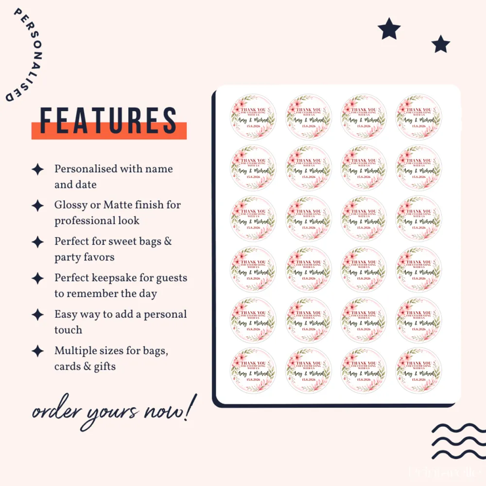 Circular personalized thank you stickers with floral wreath design and real foil in soft pink and foil colours