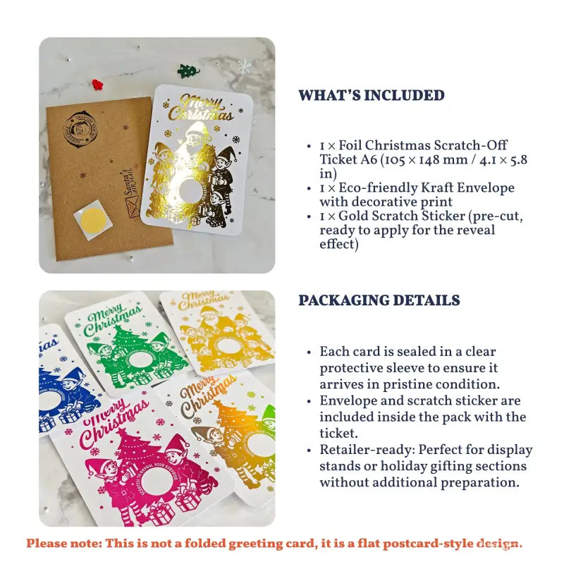 Foil Christmas scratch-off ticket with eco-friendly craft envelope and gold scratch sticker on a white background.