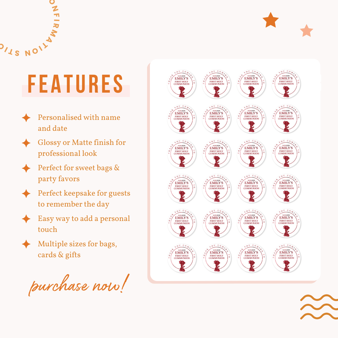 Foiled First Holy Communion Stickers | Personalised Party Favours - Stickers - Printarelle