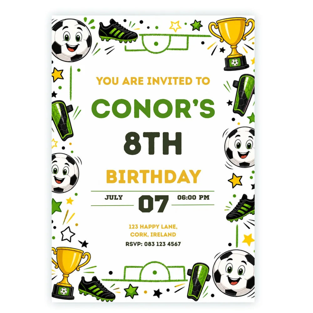 Football Birthday Party Invitation | Cartoon Soccer Ball Faces - football birthday, football birthday invitation,