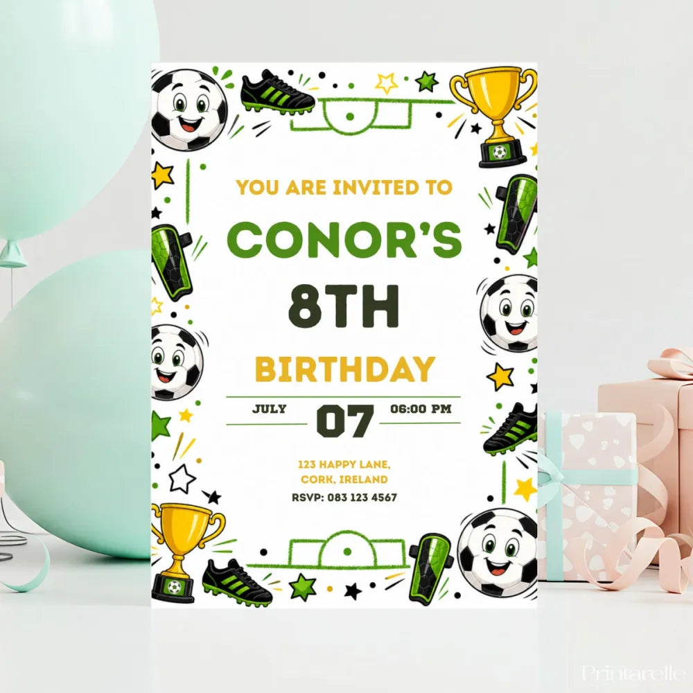 Football Birthday Party Invitation | Cartoon Soccer Ball Faces - football birthday, football birthday invitation,