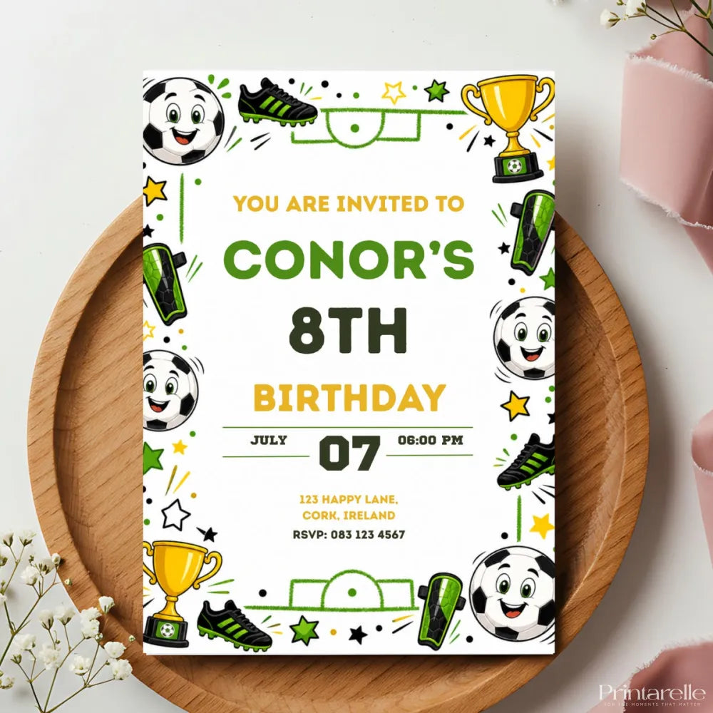 Football Birthday Party Invitation | Cartoon Soccer Ball Faces - football birthday, football birthday invitation,