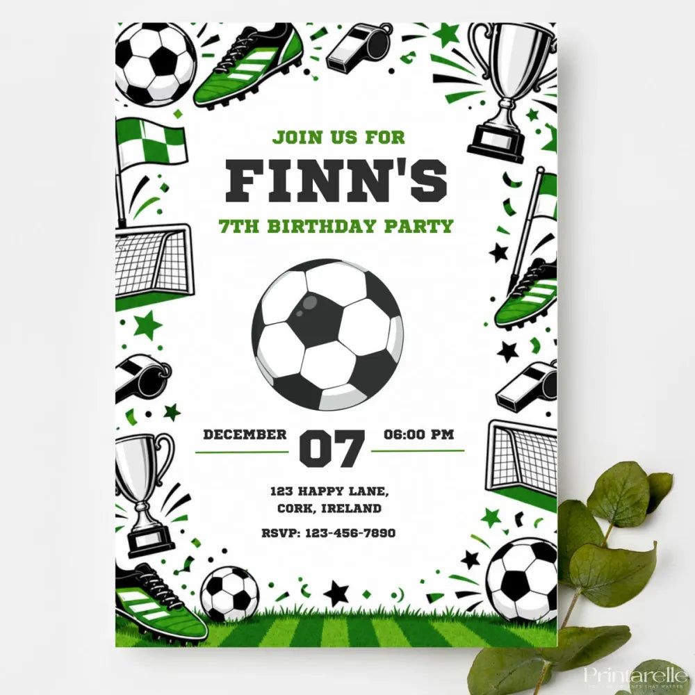 Football Birthday Party Invitation | Green Boots & Trophy - football birthday, birthday party, football birthday party,
