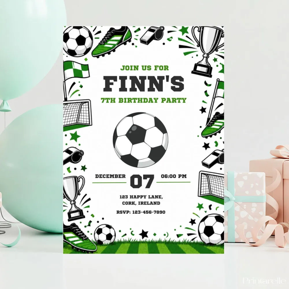 Football Birthday Party Invitation | Green Boots & Trophy - football birthday, birthday party, football birthday party,