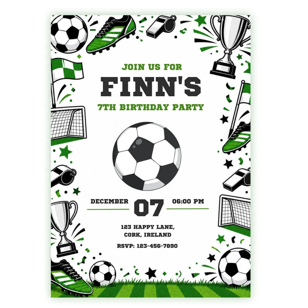 Football Birthday Party Invitation | Green Boots & Trophy - football birthday, birthday party, football birthday party,