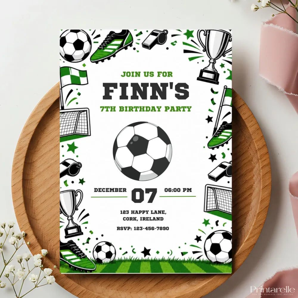 Football Birthday Party Invitation | Green Boots & Trophy - football birthday, birthday party, football birthday party,