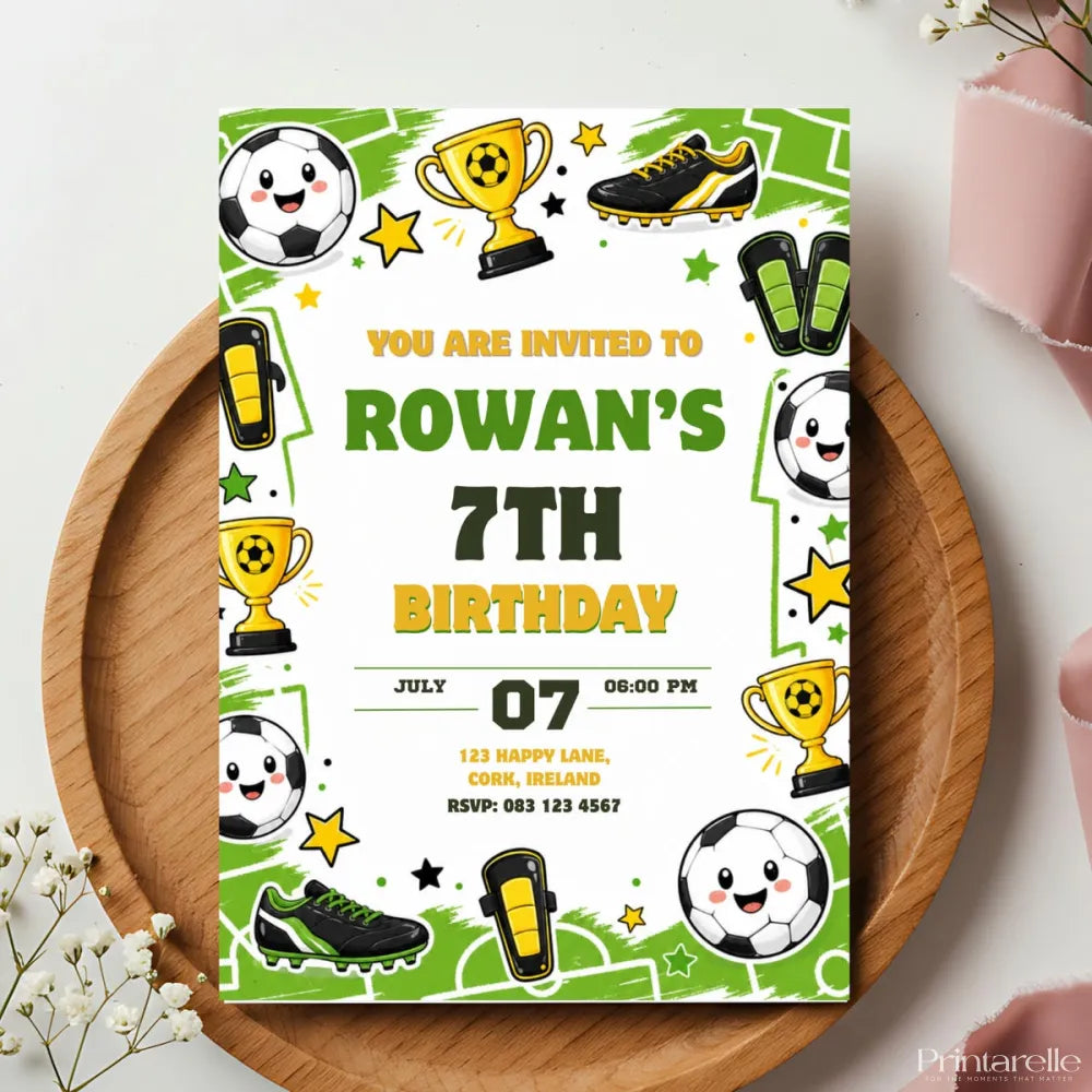 Football Birthday Party Invitation | Kawaii Green Pitch - football birthday, kawaii football, green pitch, personalised