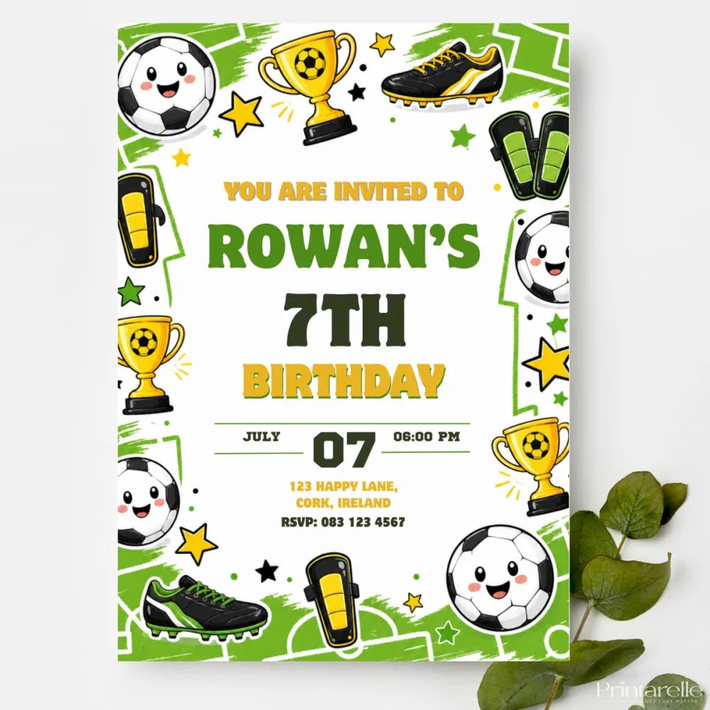 Football Birthday Party Invitation | Kawaii Green Pitch - football birthday, kawaii football, green pitch, personalised