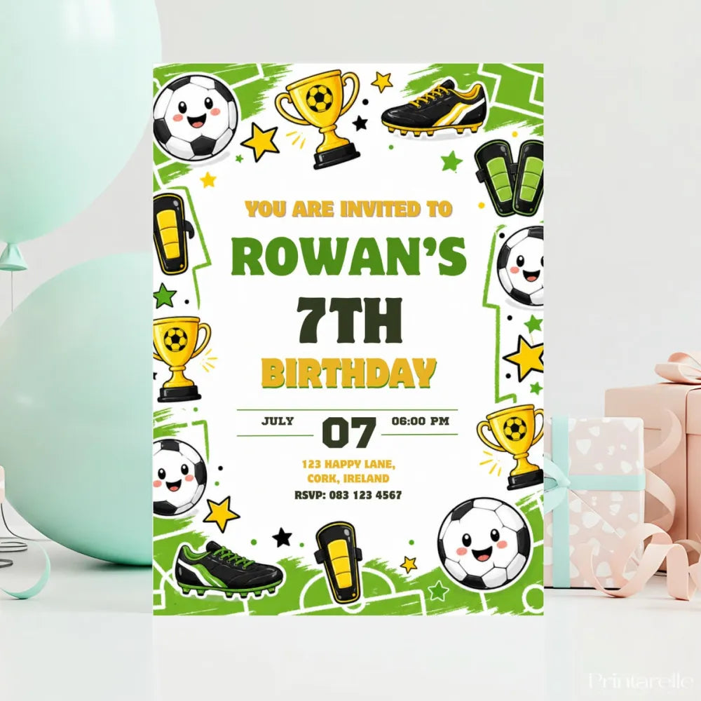 Football Birthday Party Invitation | Kawaii Green Pitch - football birthday, kawaii football, green pitch, personalised