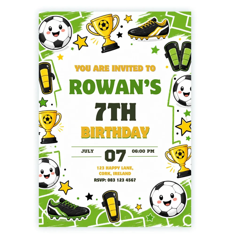 Football Birthday Party Invitation | Kawaii Green Pitch - football birthday, kawaii football, green pitch, personalised