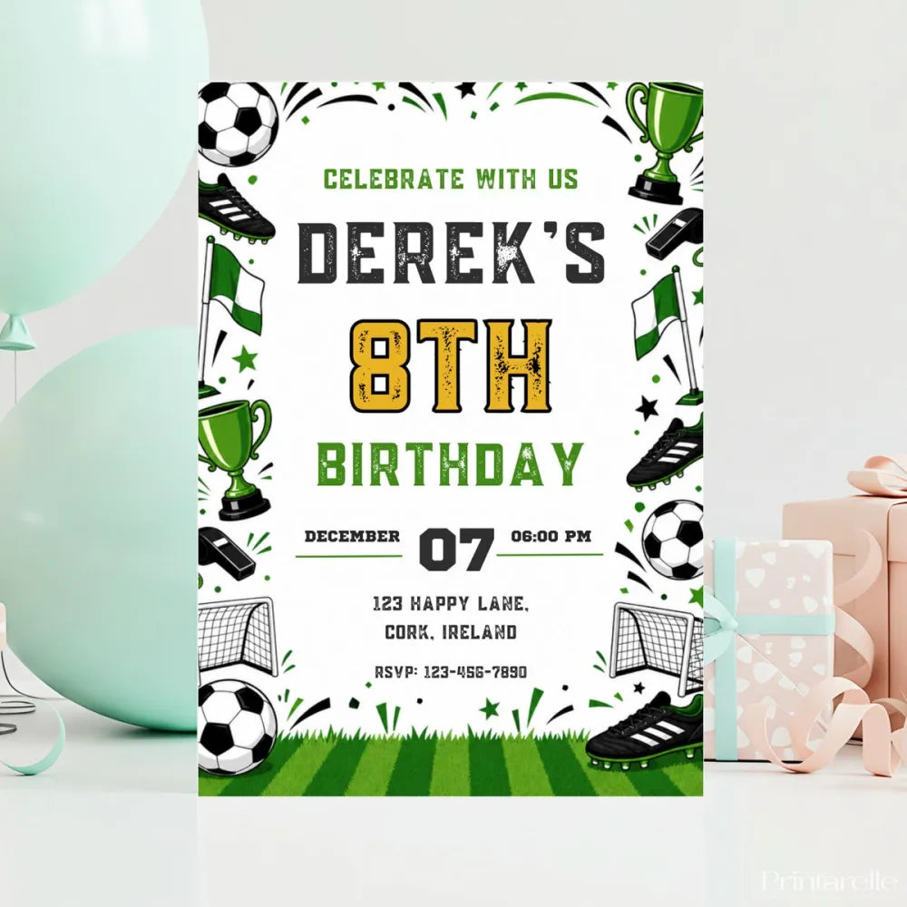 Football Birthday Party Invitation | Sporty Gold & Green - football birthday, football birthday party, sporty football,