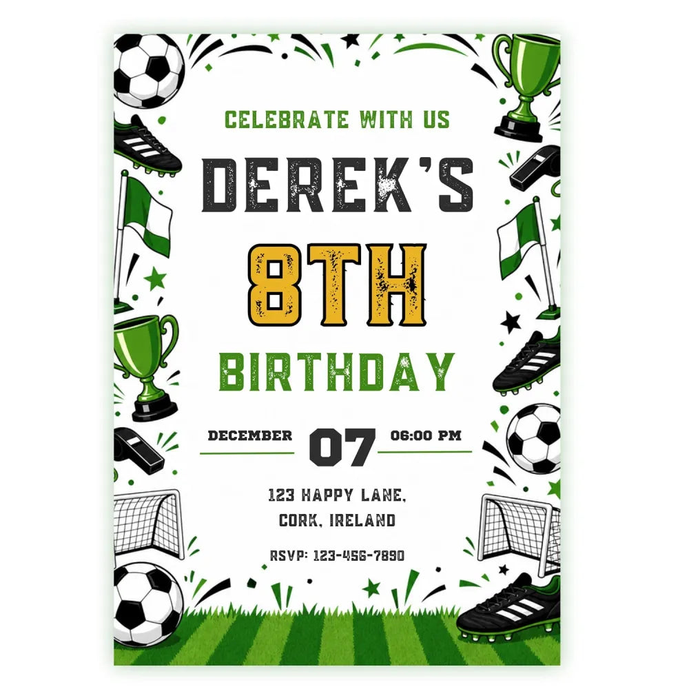Football Birthday Party Invitation | Sporty Gold & Green - football birthday, football birthday party, sporty football,