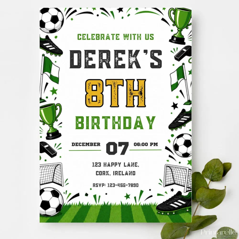 Football Birthday Party Invitation | Sporty Gold & Green - football birthday, football birthday party, sporty football,