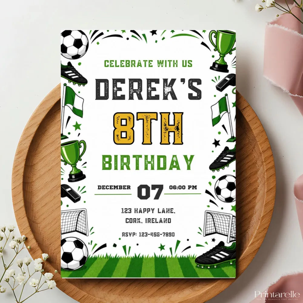Football Birthday Party Invitation | Sporty Gold & Green - football birthday, football birthday party, sporty football,
