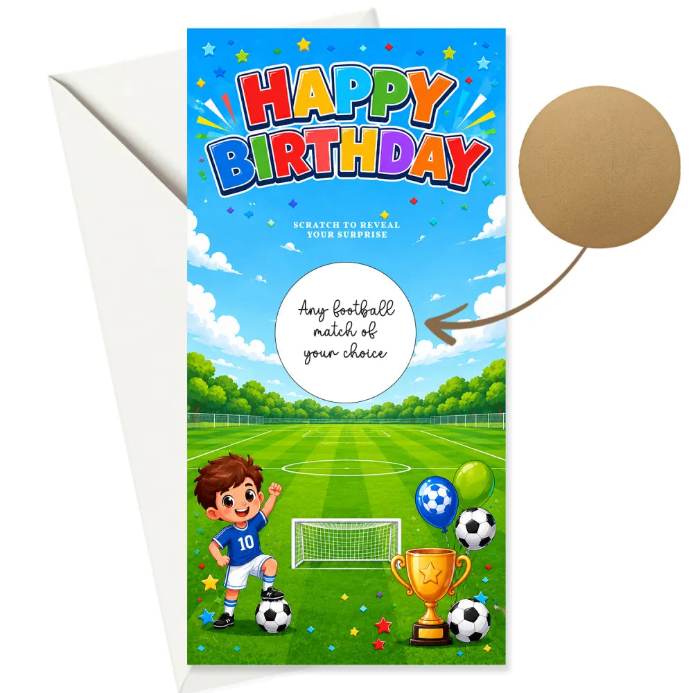 Colorful happy birthday football pitch scratch reveal card with cartoon boy in blue jersey surrounded by soccer balls and trophies