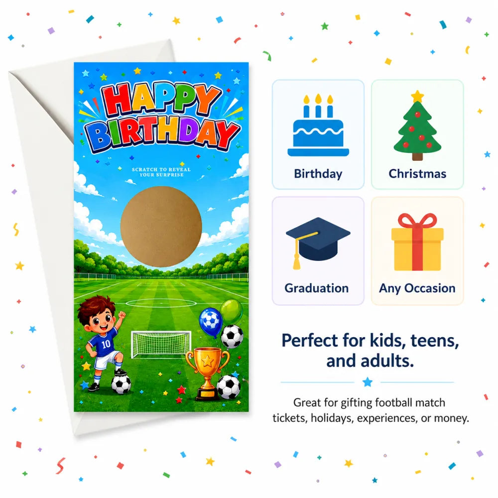 Colorful football pitch birthday scratch reveal card with cartoon soccer player balloons and trophies for all ages