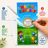 Colorful football pitch birthday scratch card with happy birthday text, soccer player, trophy, and balloons on blue sky background scratch reveal card