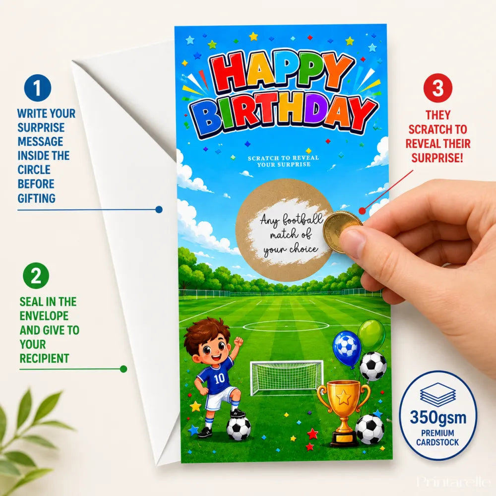 Colorful football pitch birthday scratch card with happy birthday text, soccer player, trophy, and balloons on blue sky background scratch reveal card