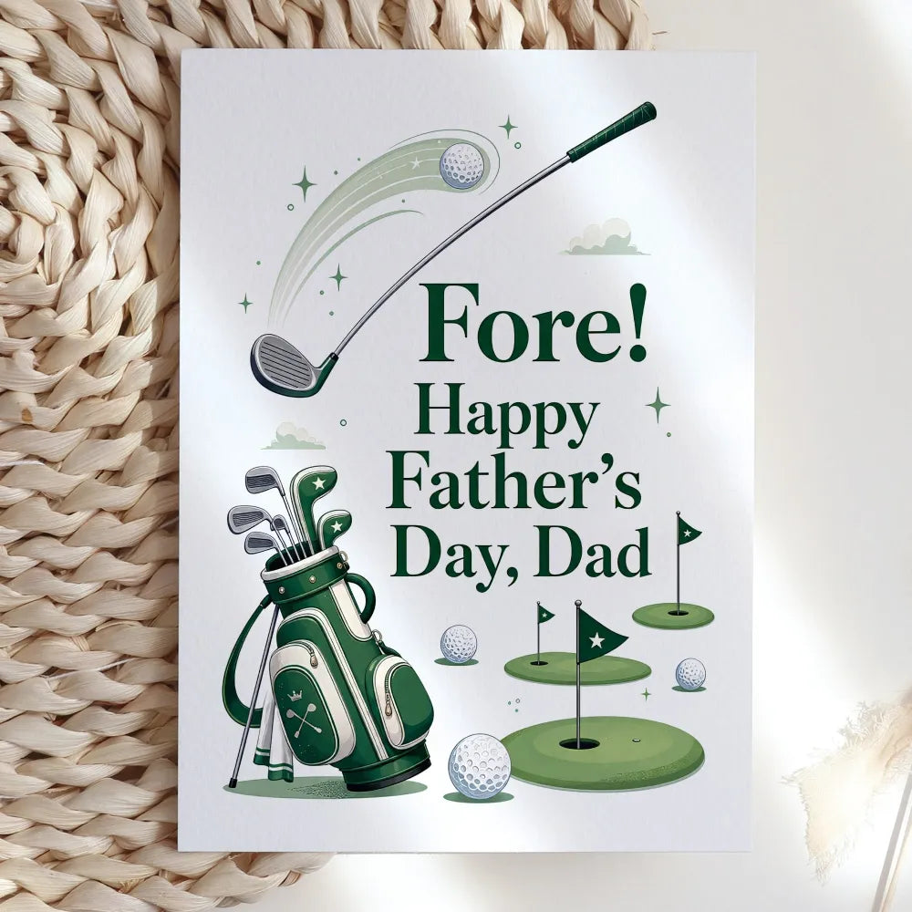 For the dad who is never more at peace than on a fairway at dawn. This clean, illustrated card reads Fore! Happy