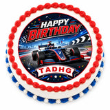 Formula racing birthday cake topper with red white and blue icing sheet and a central racing car design