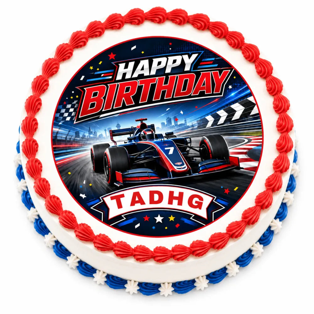 Formula racing birthday cake topper with red white and blue icing sheet and a central racing car design