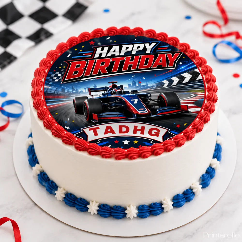 A round birthday cake with white frosting and a racing car icing sheet cake topper with red and blue borders