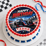 Personalised formula racing birthday cake topper with red white and blue scalloped icing sheet decoration