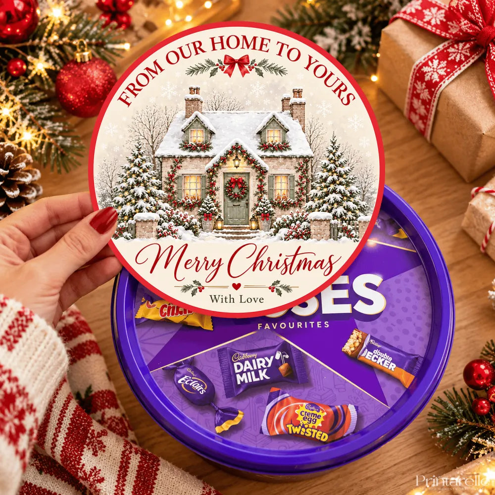A festive purple chocolate tub with a snow-dusted cottage design filled with assorted cadbury christmas gifts