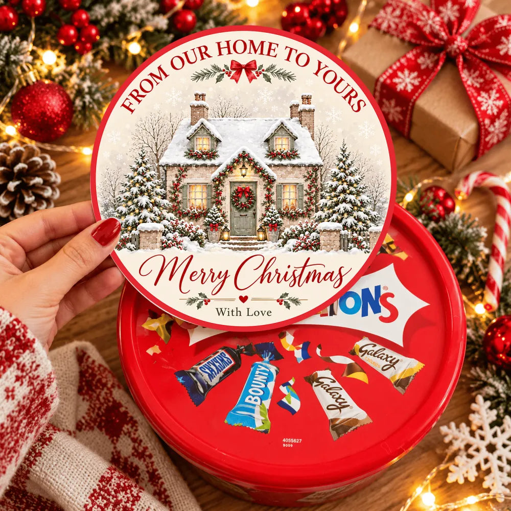 Red circular chocolate tub with snow-dusted cottage illustration and assorted bars like snickers for christmas gifts